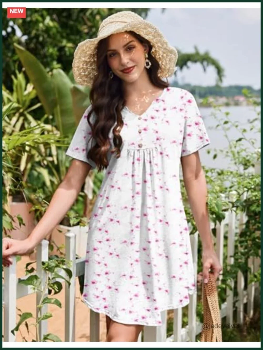 Women's Cotton Nightgown Pleated Henley V-Neck Sleepshirt Short Sleeve